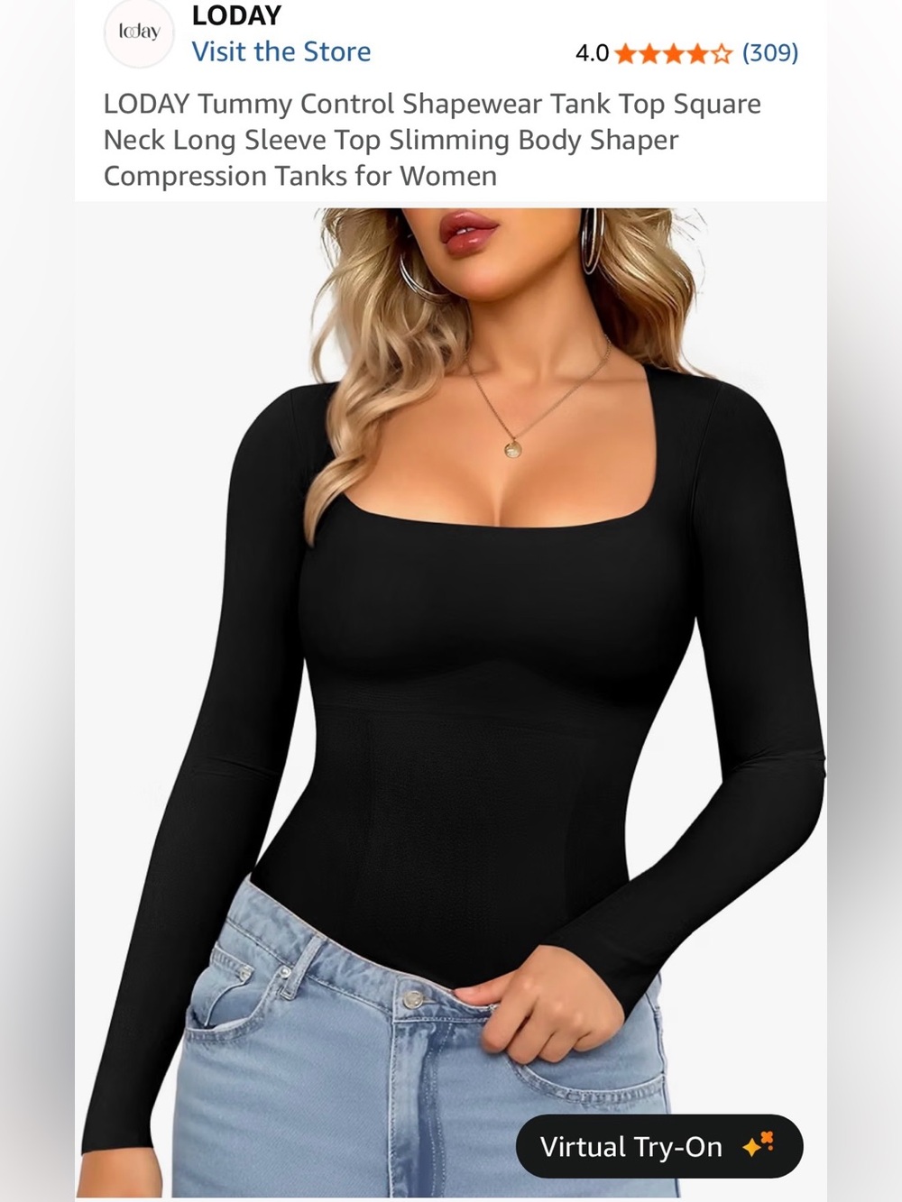 Black Long Sleeve Square Neck Shapewear Tank Top